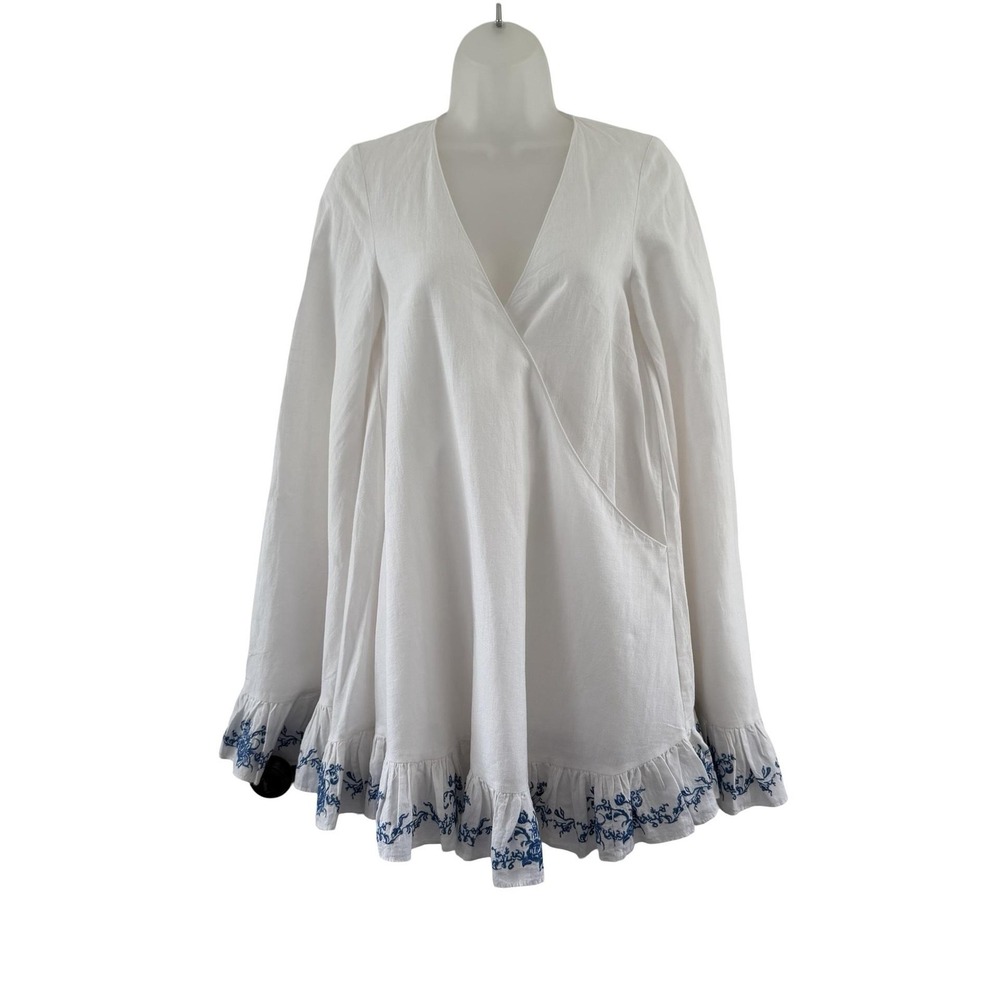 Caroline Constas Brynn Cover Up Womens XS White Blue Embroidered Ruffle Hem - Picture 2 of 16